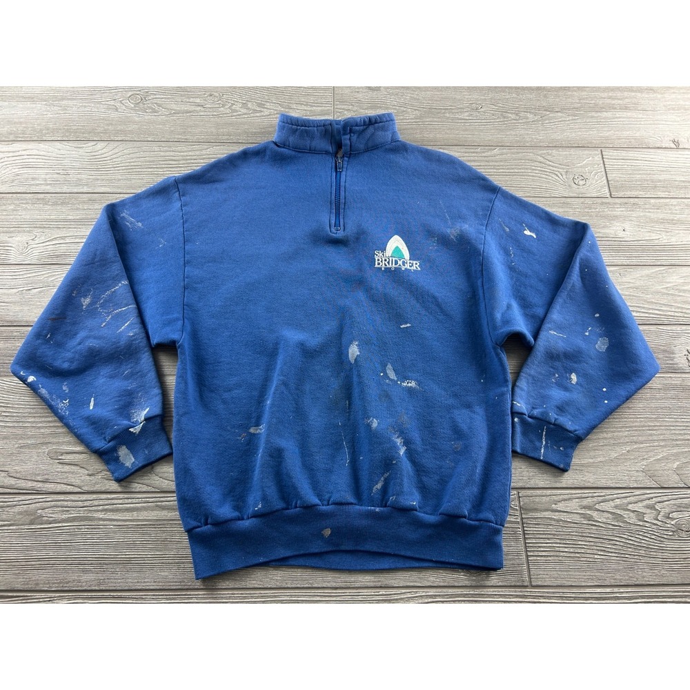 VTG Jerzees Sweatshirt Mens L Blue Ski Bridger 1/4 Zip 90s USA Made Pullover